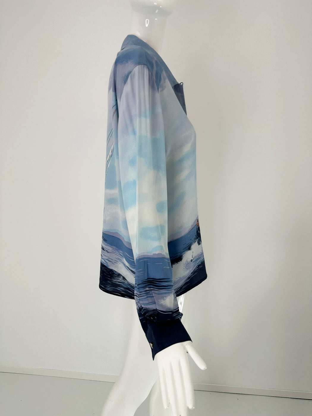 Escada Sail Boat Silk Print Long Sleeve Button Front Blouse 42