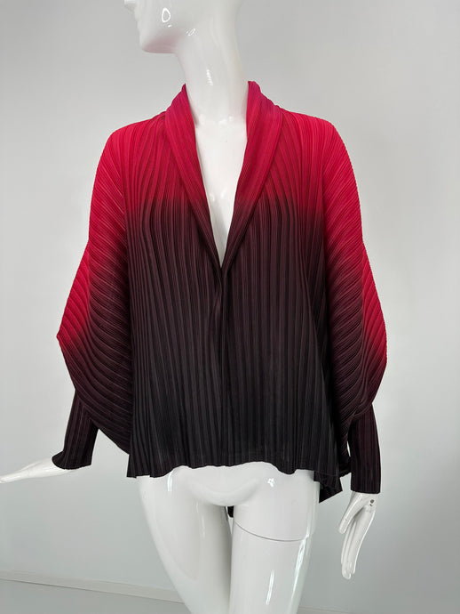 Issey Miyake Pleats Please Red to Black Ombre' Shawl Collar Bat Wing Jacket