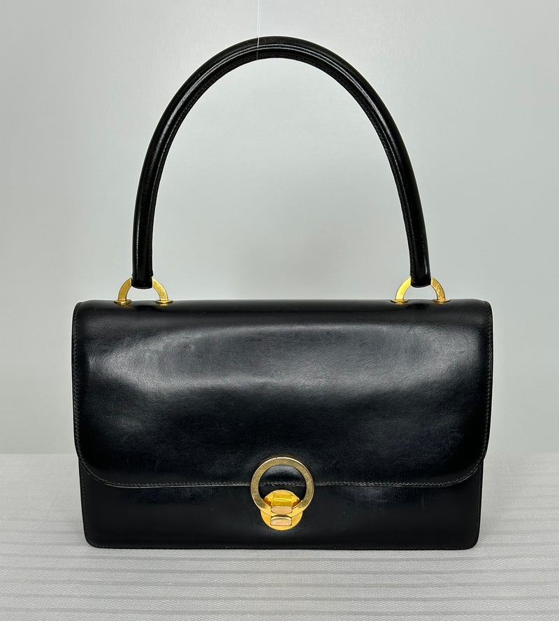 Hermès Vintage Black Box Calf Leather Flap Front Gold Ring