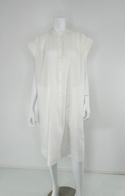 Hermes Crisp Sheer White Cotton Short Sleeve Pleated Placket Front Dress 42