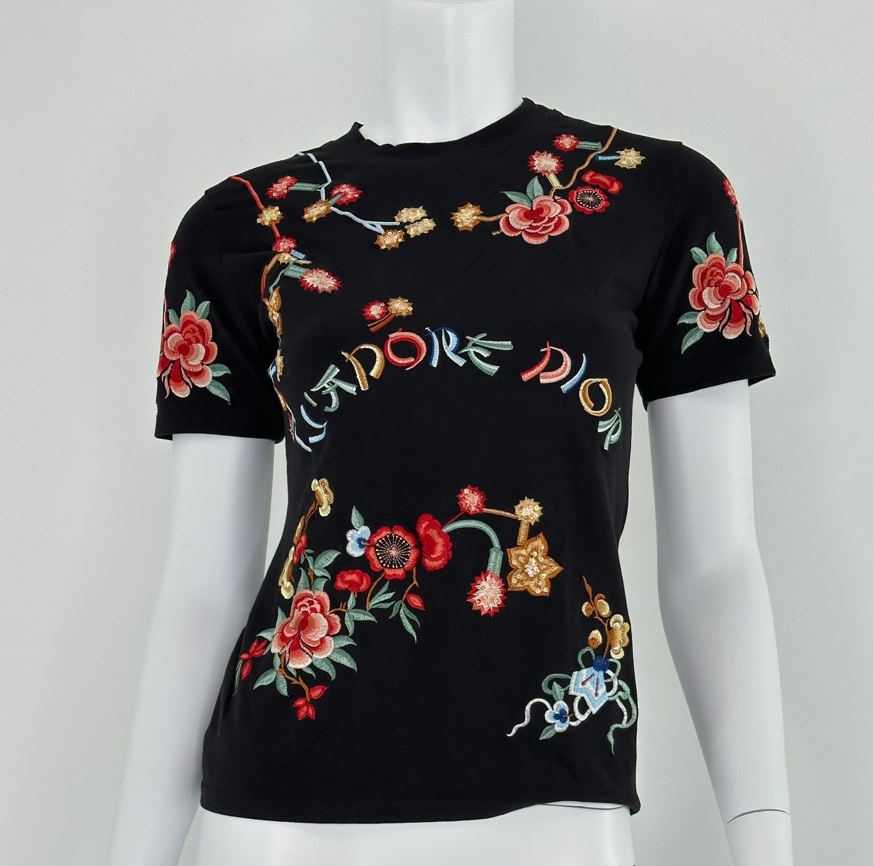 Christian Dior J'adore Dior Tシャツ Christian Dior 2001 J'ADORE DIOR Black Embroidered Short Sleeve T