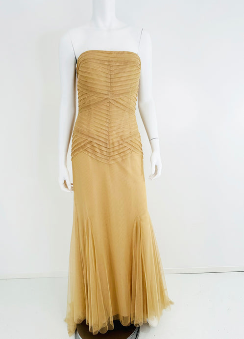 Vera Wang Nude/Champagne Tulle Strapless Pleated Torso Gown with Train 10