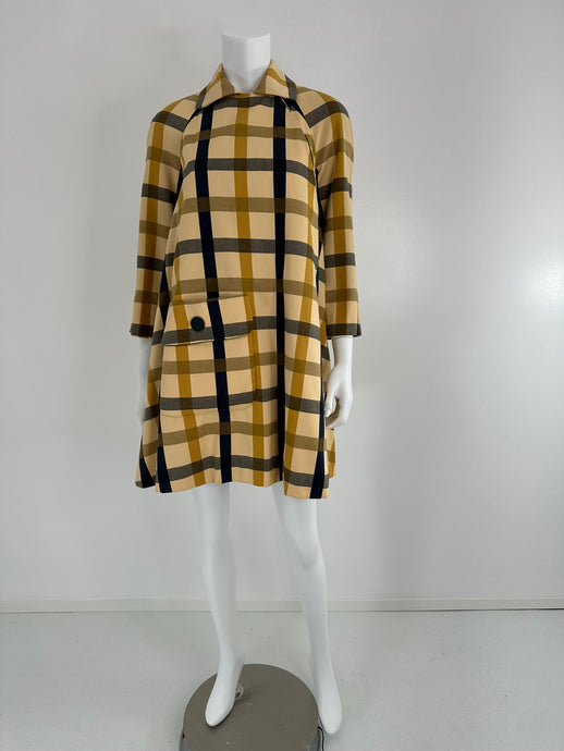 Geoffrey Beene Beene Bazaar Mod Matching Plaid Kangaroo Pocket Swing Coat 1960s