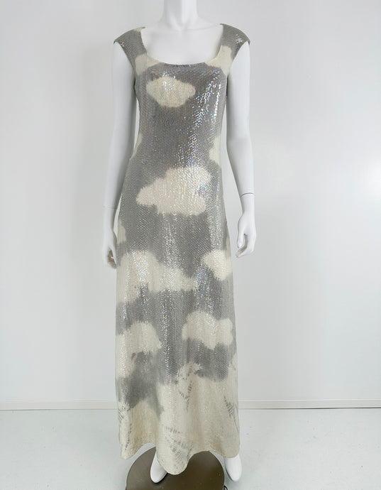 Halston Iconic Clouds Dress in Stormy Grey & Cream Iridescent Sequins Mid 1970s