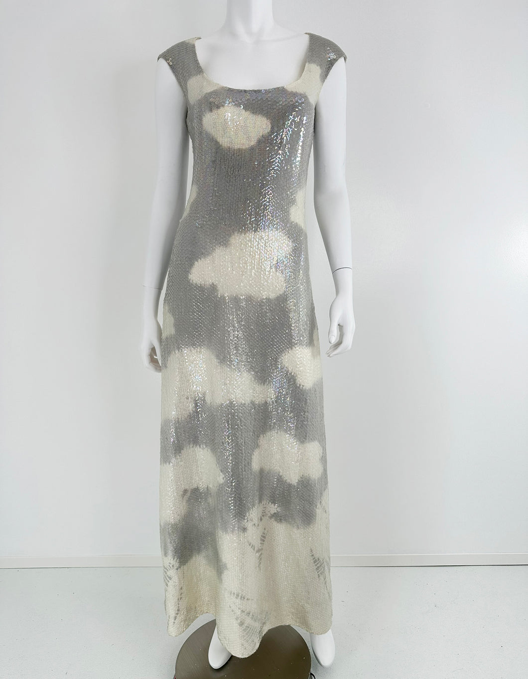 Halston Iconic Clouds Dress in Stormy Grey & Cream Iridescent Sequins Mid 1970s