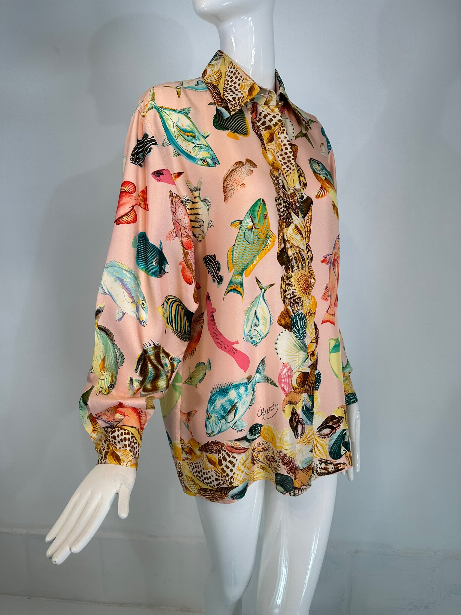 SOLD Gucci S/S 1992 Runway Pink Silk Twill Fish & Sea Shells 