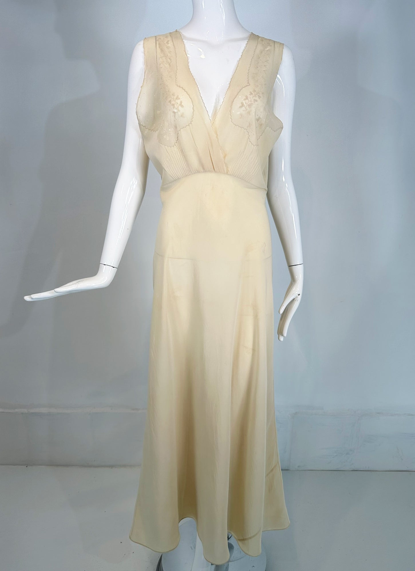 SOLD 1930s Cream Bias Cut Sheer Silk Hand Embroidered & Appliqued Slip Palm Beach Vintage SOLD 1930s Cream Bias Cut Sheer Silk Hand Embroidered & Appliqued Slip Palm Beach Vintage