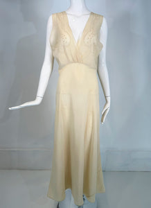 1930s Cream Bias Cut Sheer Silk Hand Embroidered & Appliqued Slip Dress Gown