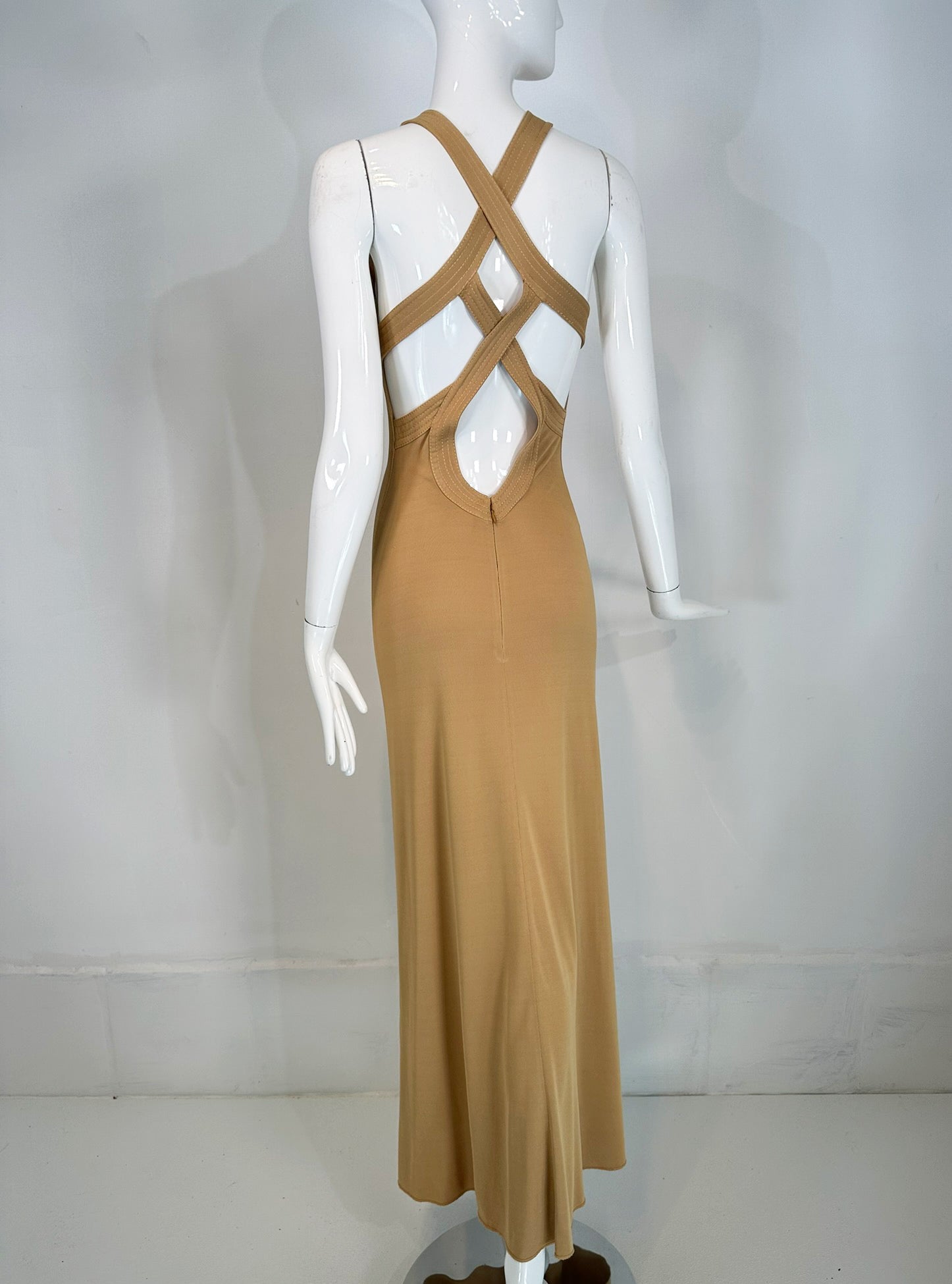 Giorgio Armani Beige Jersey Halter Neck Strap Back Evening Dress – Palm Beach Vintage Giorgio Armani Beige Jersey Halter Neck Strap Back Evening Dress – Palm Beach Vintage