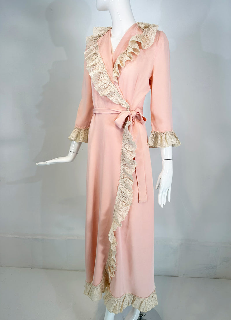 1930s-40s Pink Rayon Cream Lace Trimmed Wrap & Tie Robe Palm Beach Vintage 1930s-40s Pink Rayon Cream Lace Trimmed Wrap & Tie Robe Palm Beach Vintage