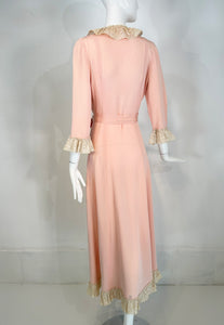 1930s-40s Pink Rayon Cream Lace Trimmed Wrap & Tie Robe