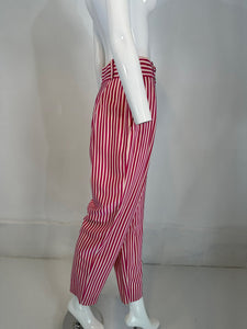 Ungaro Hot Pink & White Silk Stripe Pleat Front Tapered Ankle Pant 1980s 40