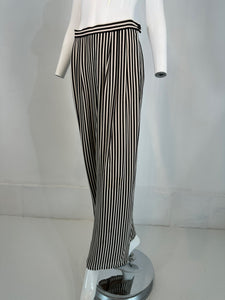 1990s Carlislie Black & White Silk Stripe Pleat Front Wide Leg Trouser