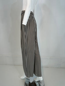 1990s Carlislie Black & White Silk Stripe Pleat Front Wide Leg Trouser