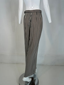 1990s Carlislie Black & White Silk Stripe Pleat Front Wide Leg Trouser