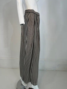 1990s Carlislie Black & White Silk Stripe Pleat Front Wide Leg Trouser