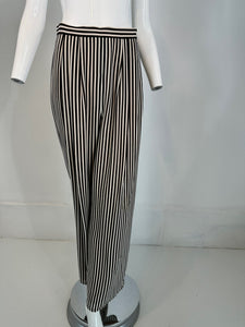 1990s Carlislie Black & White Silk Stripe Pleat Front Wide Leg Trouser