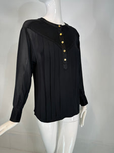 Chanel Black Silk Chiffon & Satin Pleated Long Sleeve Button Front Blouse