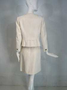 Chanel 1997 C Off White Cotton Pique Double Breasted Cropped Jacket & Skirt 