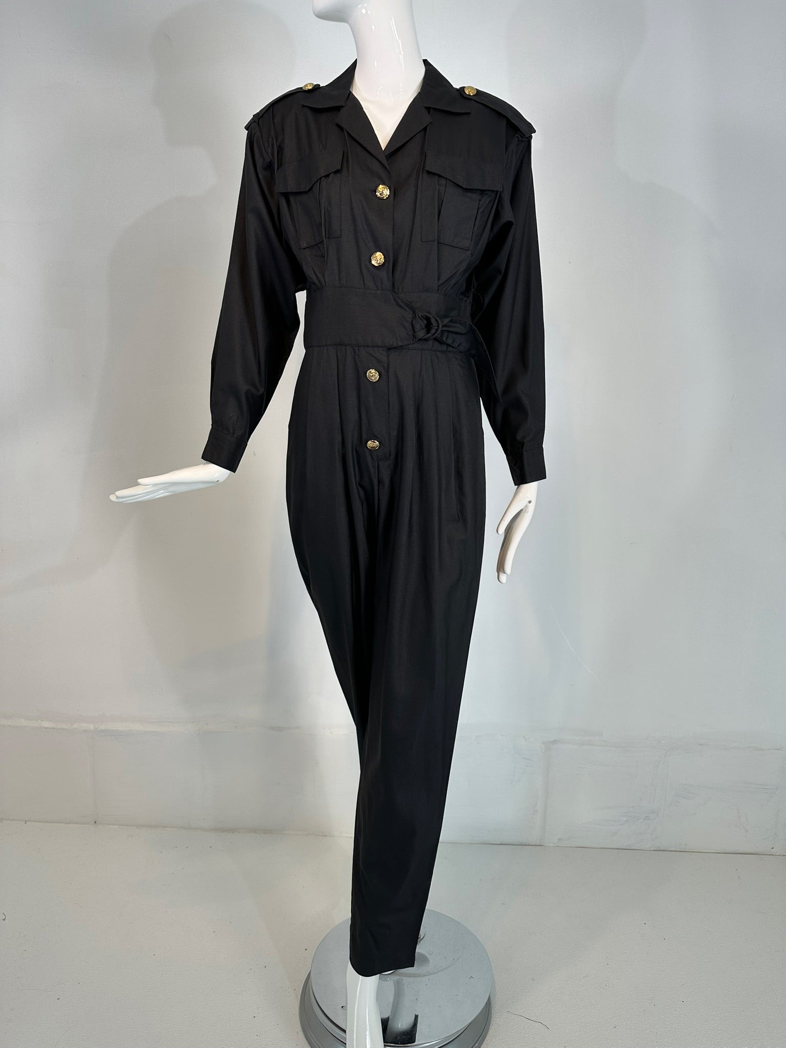SOLD 1980s Lord & Taylor Matte Tailored Black Silk Jumpsuit with