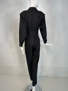 1980s Lord & Taylor Matte Tailored Black Silk Jumpsuit with Gold Buttons