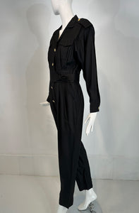 1980s Lord & Taylor Matte Tailored Black Silk Jumpsuit with Gold Buttons
