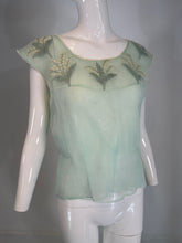 1950s Mint Green Organza Hand Embroidered with Lilly of the Valley Summer Top