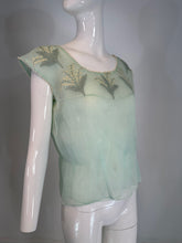 1950s Mint Green Organza Hand Embroidered with Lilly of the Valley Summer Top