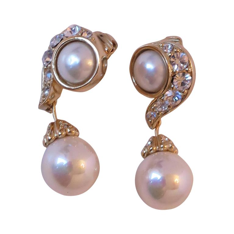 Christian Dior Rhinestone & Pearl Drop Clip On Earrings