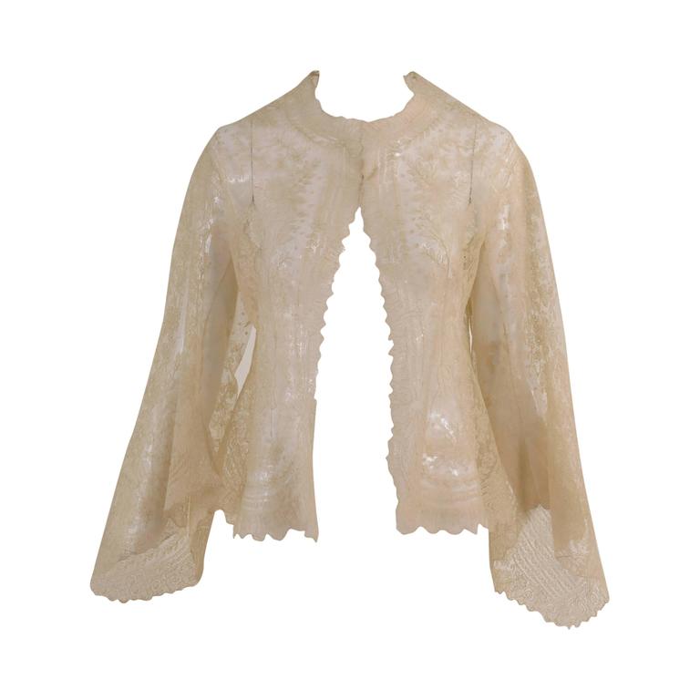 Blond Chantilly lace open front jacket wedding finery handmade 1860s