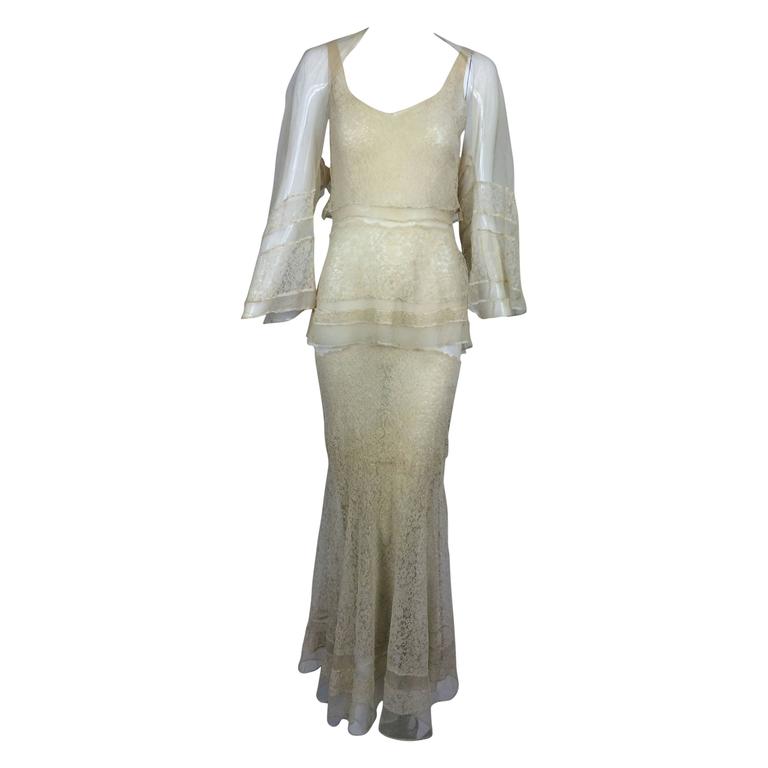 Champagne Lace & Silk Bias Cut Tiered Wedding Dress & Shrug 1930s Palm Beach Vintage Champagne Lace & Silk Bias Cut Tiered Wedding Dress & Shrug 1930s Palm Beach Vintage