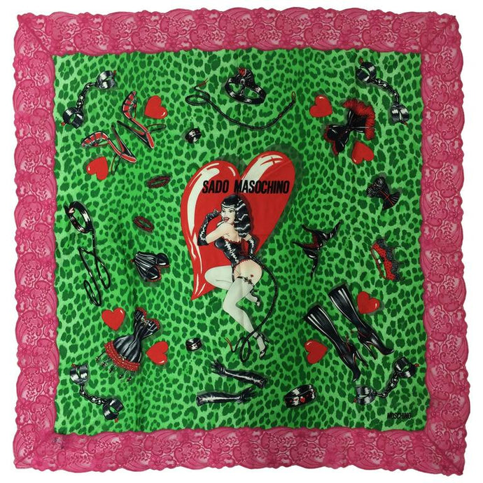 SOLD Moschino Sado Masochino large silk scarf with hot pink lace border