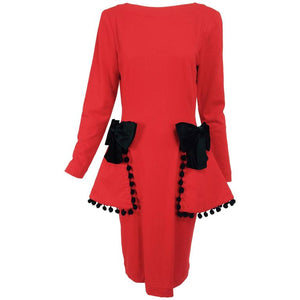 SOLD Isabelle Allard Paris red jersey dress with peplum hip bows & pom poms 1990s