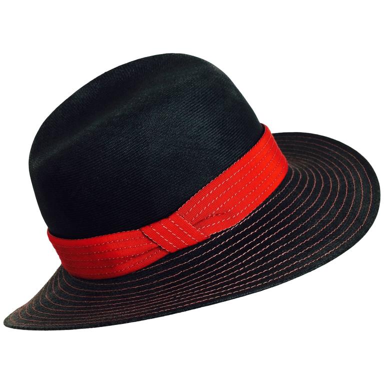 Vintage Galanos Matte Black Red Straw Fedora Hat 1960s NWT