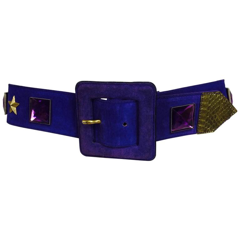 vintage SAINT LAURENT velvet calfskin leather BELT metal jeweled buckle glam s 2 grey-leather-yves-saint-  main image 2