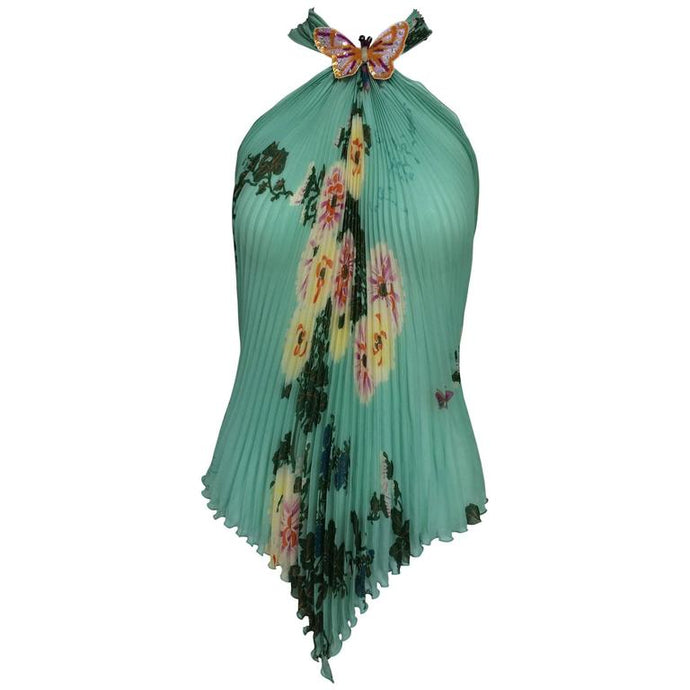 Emanuel Ungaro Aqua Floral Print Pleated Silk Butterfly Halter Top
