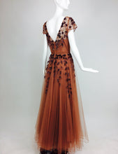 Vintage 1940s Beaded and Sequined Cinnamon Tulle Evening Gown