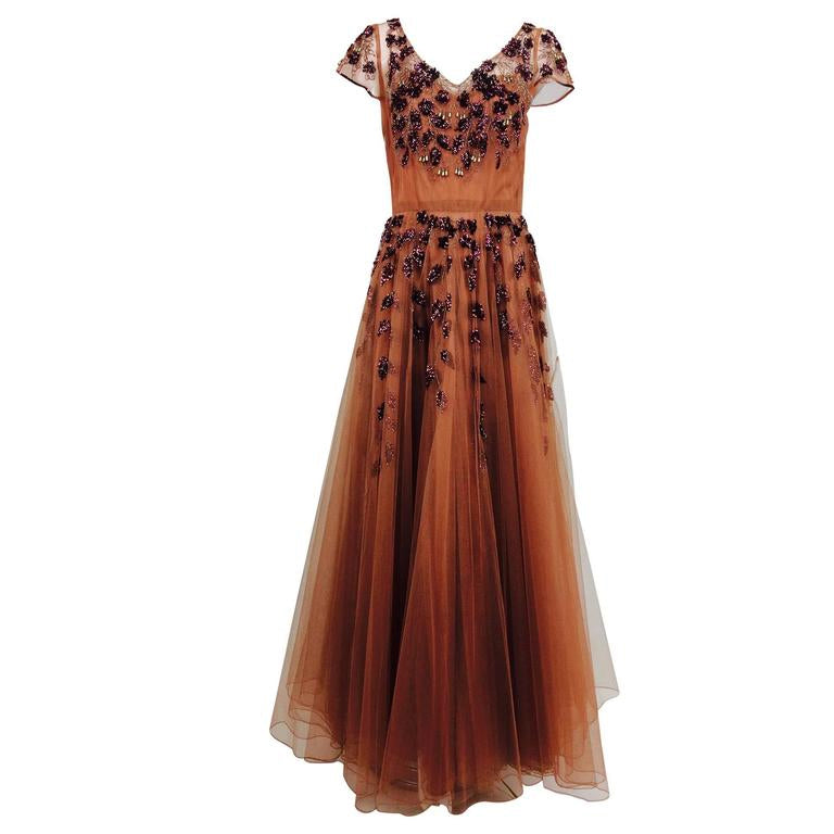 SOLD Vintage 1940s Beaded and Sequined Cinnamon Tulle Evening Gown Palm Beach Vintage SOLD Vintage 1940s Beaded and Sequined Cinnamon Tulle Evening Gown Palm Beach Vintage
