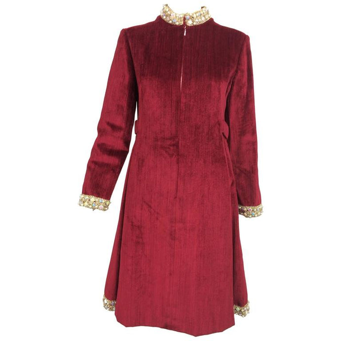 Vintage Garnet Red Silky Cotton Velvet Jewel Trim Mod Dress 1960s