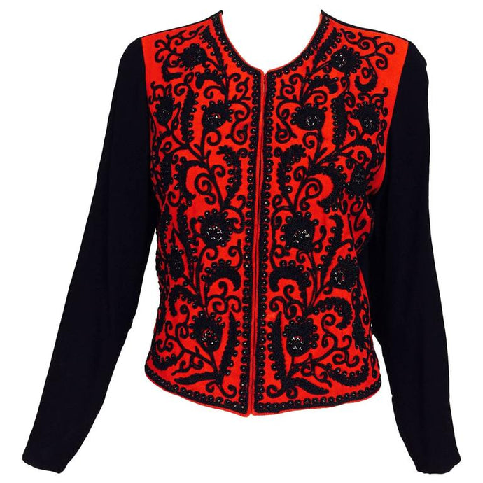 Passementerie beaded long sleeve jacket red & black crepe 1930s