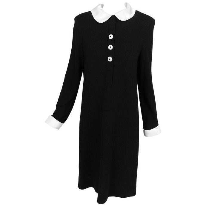 Vintage Adolfo Black Knit Mod Dress With White Satin Collar and Cuffs 1970s