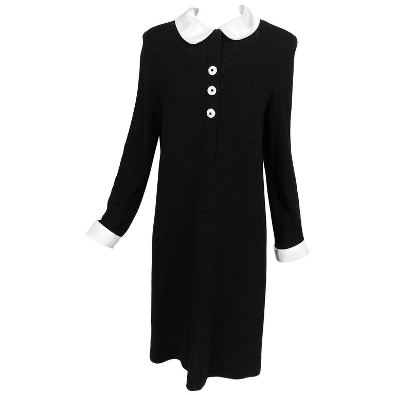 SOLD Adolfo Black Knit Mod Dress With White Satin Collar & Cuffs 1970s Palm Beach Vintage SOLD Adolfo Black Knit Mod Dress With White Satin Collar & Cuffs 1970s Palm Beach Vintage