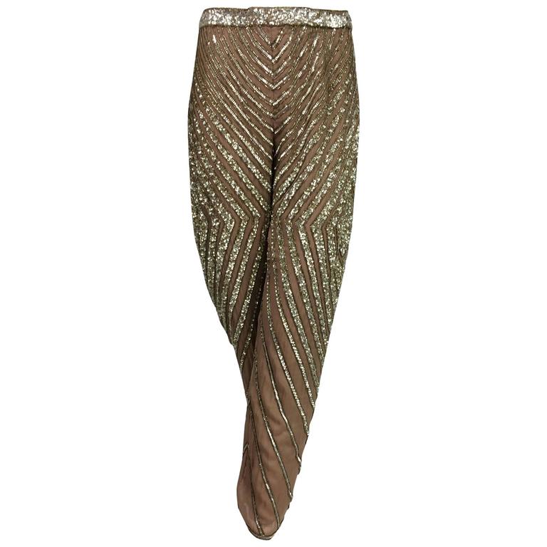 SOLD Valentino S/S 2001 nude silk chiffon gold bead silver sequin trouser look 57
