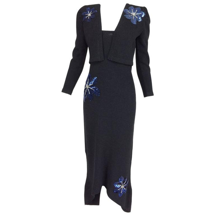 Vintage Adolfo 2pc Black Knit Strapless Dress Jacket Sequin Flowers 1970s