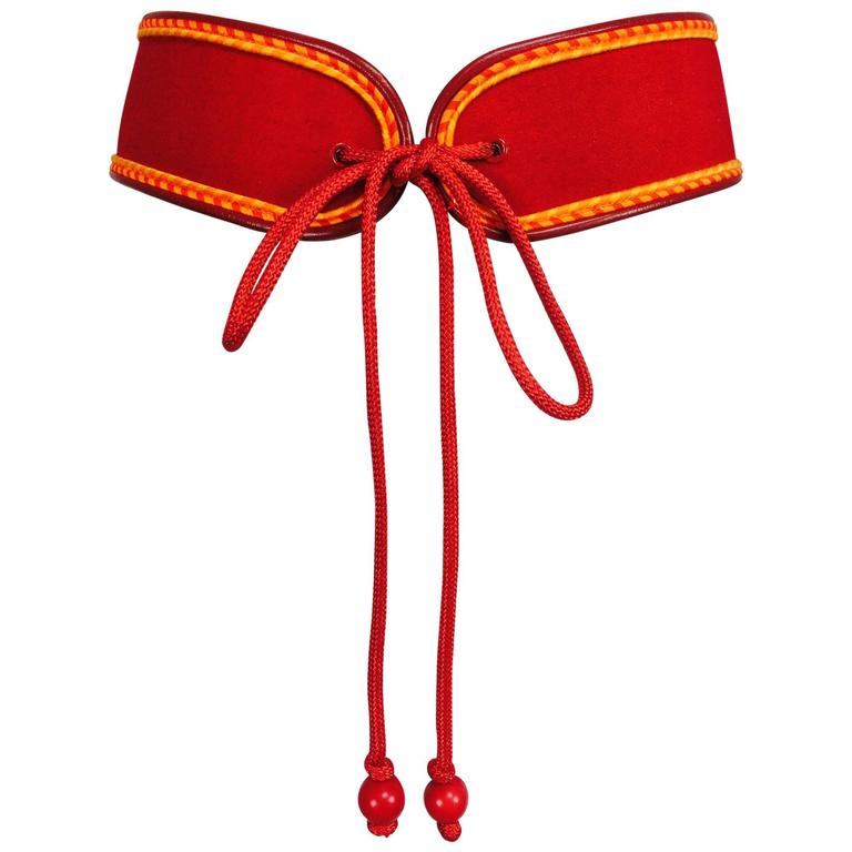 SOLD Yves Saint Laurent Red Cotton Corset Cord and Leather Tie