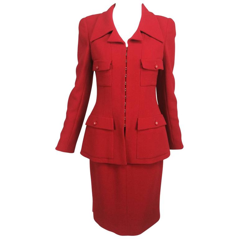CHANEL RED WOOL SKIRT SUIT With GOLD BUTTONS SIZE 40