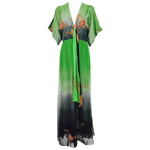 Thea Porter Couture ombred silk chiffon plunge gown with appliques 1970s