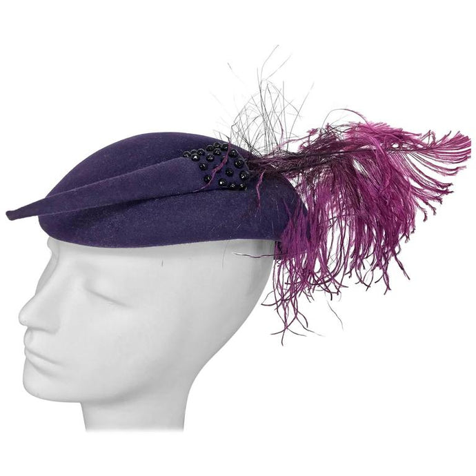 Mr John purple wool beaded and feather cocktail hat 1950s