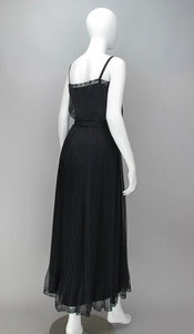 Adele Simpson Black Chiffon Pleated Maxi Dress 1970s