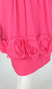 Victor Edelstein hot pink silk chiffon rose hem cocktail dress 1980s